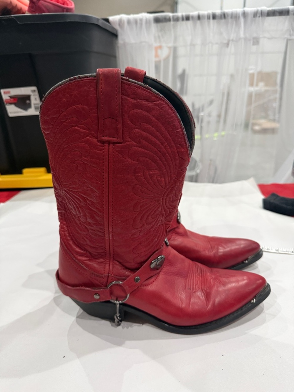 Red Leather Western Cowboy Boots with Harness Detail